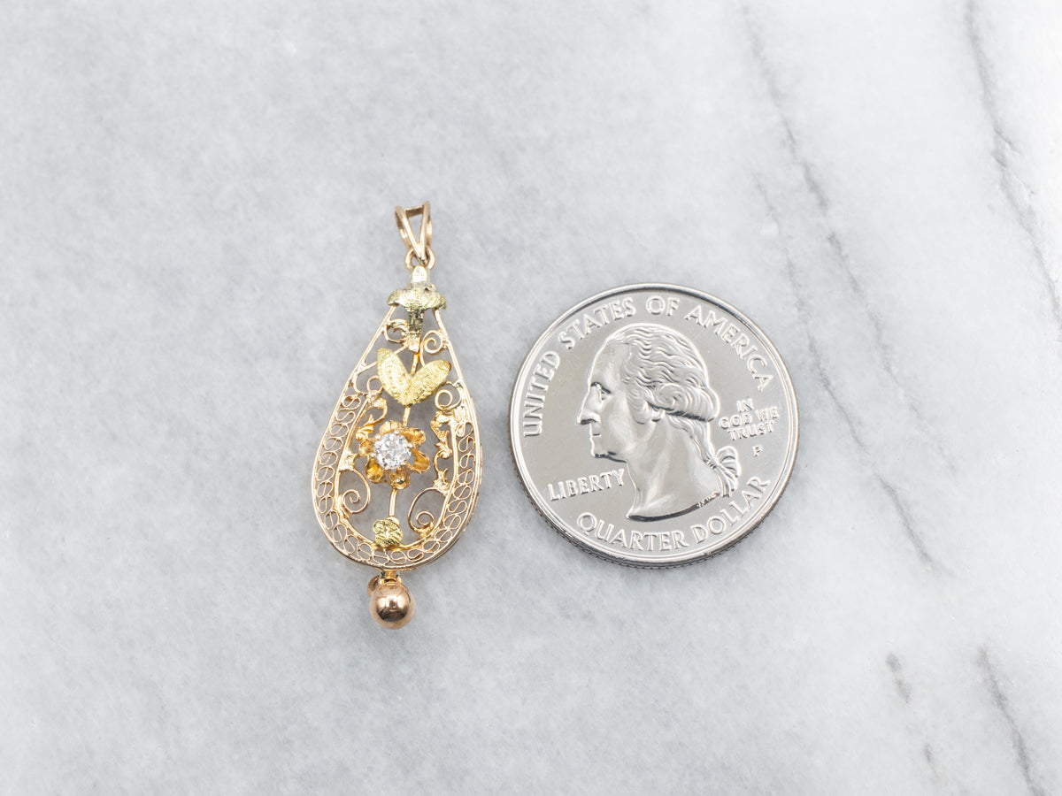 Yellow Gold Old Mine Cut Diamond Botanical Lavalier Pendant