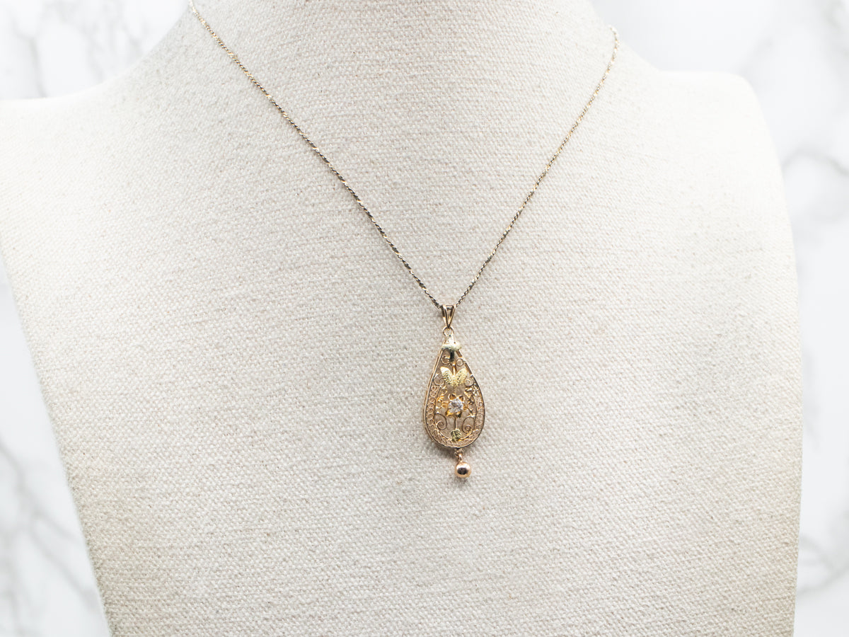 Yellow Gold Old Mine Cut Diamond Botanical Lavalier Pendant