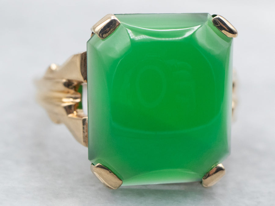 Yellow Gold Rectangle Cut Green Onyx Cabochon Solitaire Ring