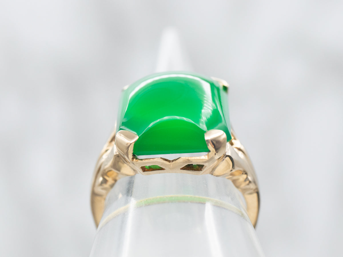Yellow Gold Rectangle Cut Green Onyx Cabochon Solitaire Ring