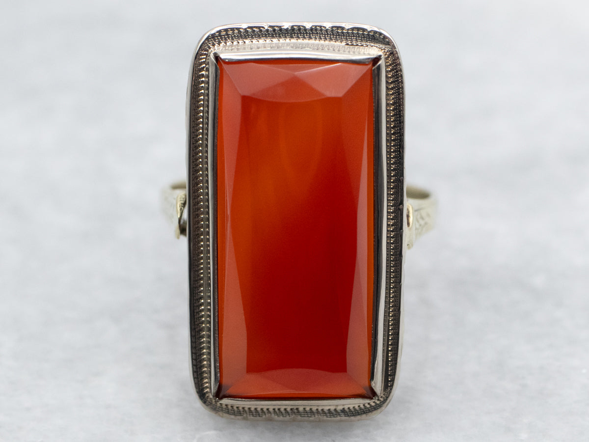 Yellow Gold Bezel Set Rectangle Cut Carnelian Solitaire Ring