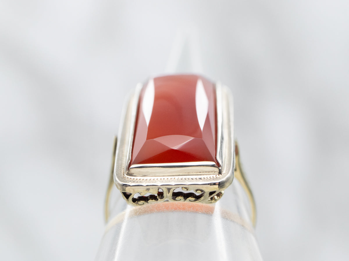 Yellow Gold Bezel Set Rectangle Cut Carnelian Solitaire Ring