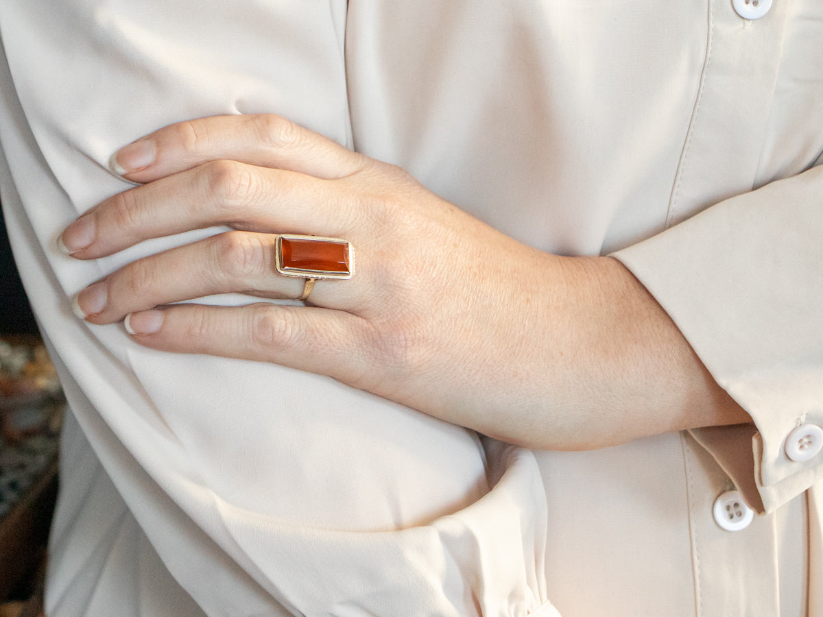 Yellow Gold Bezel Set Rectangle Cut Carnelian Solitaire Ring