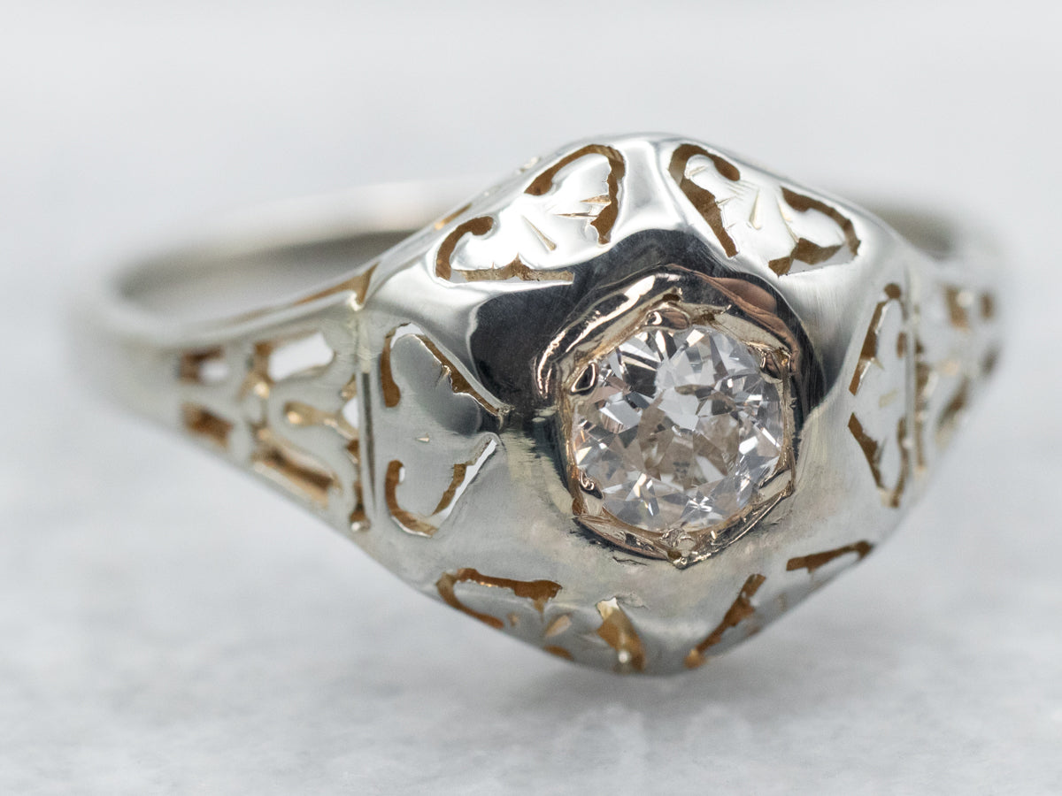 White Gold Old Mine Cut Diamond Solitaire Engagement Ring