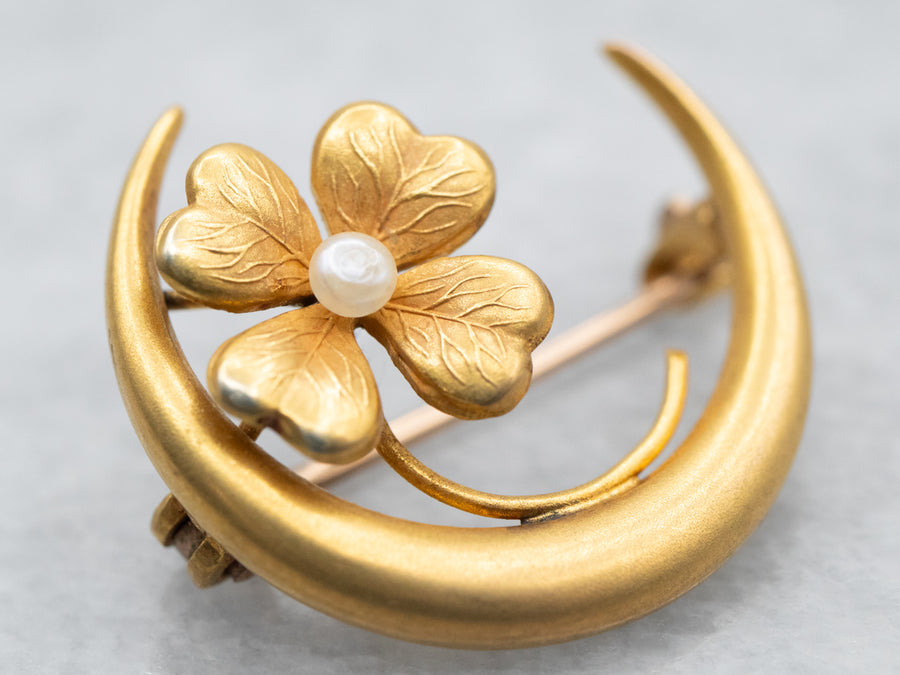 Bloomed Yellow Gold Crescent and Clover Brooch with Seed Pearl Accent