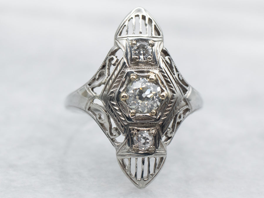 White Gold Old Mine Cut Diamond Filigree Ring with Diamond Accents