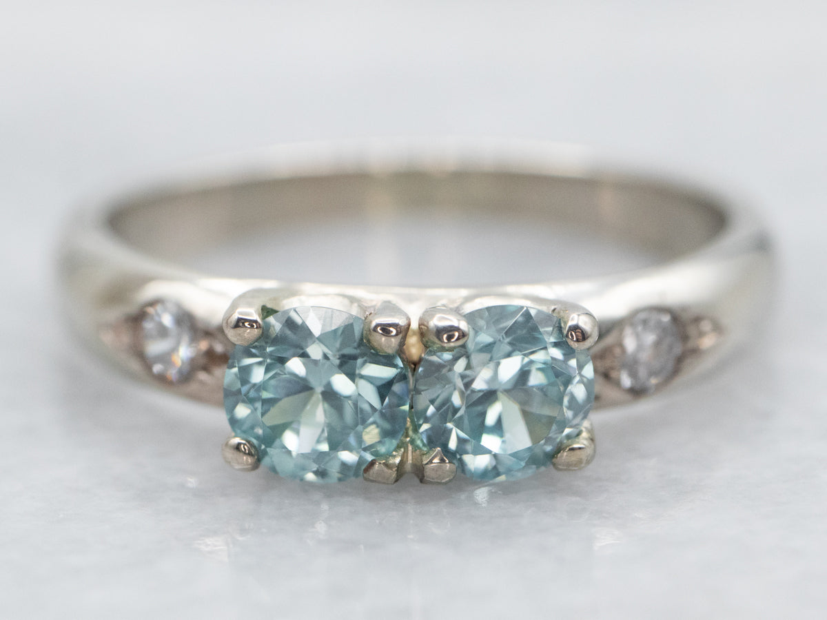 White Gold Blue Zircon Ring with Diamond Accents