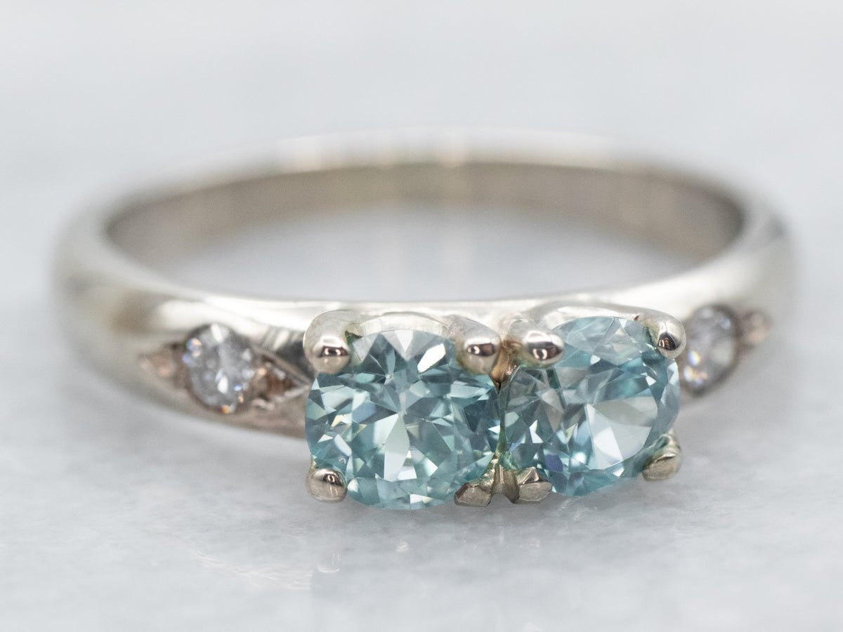 White Gold Blue Zircon Ring with Diamond Accents