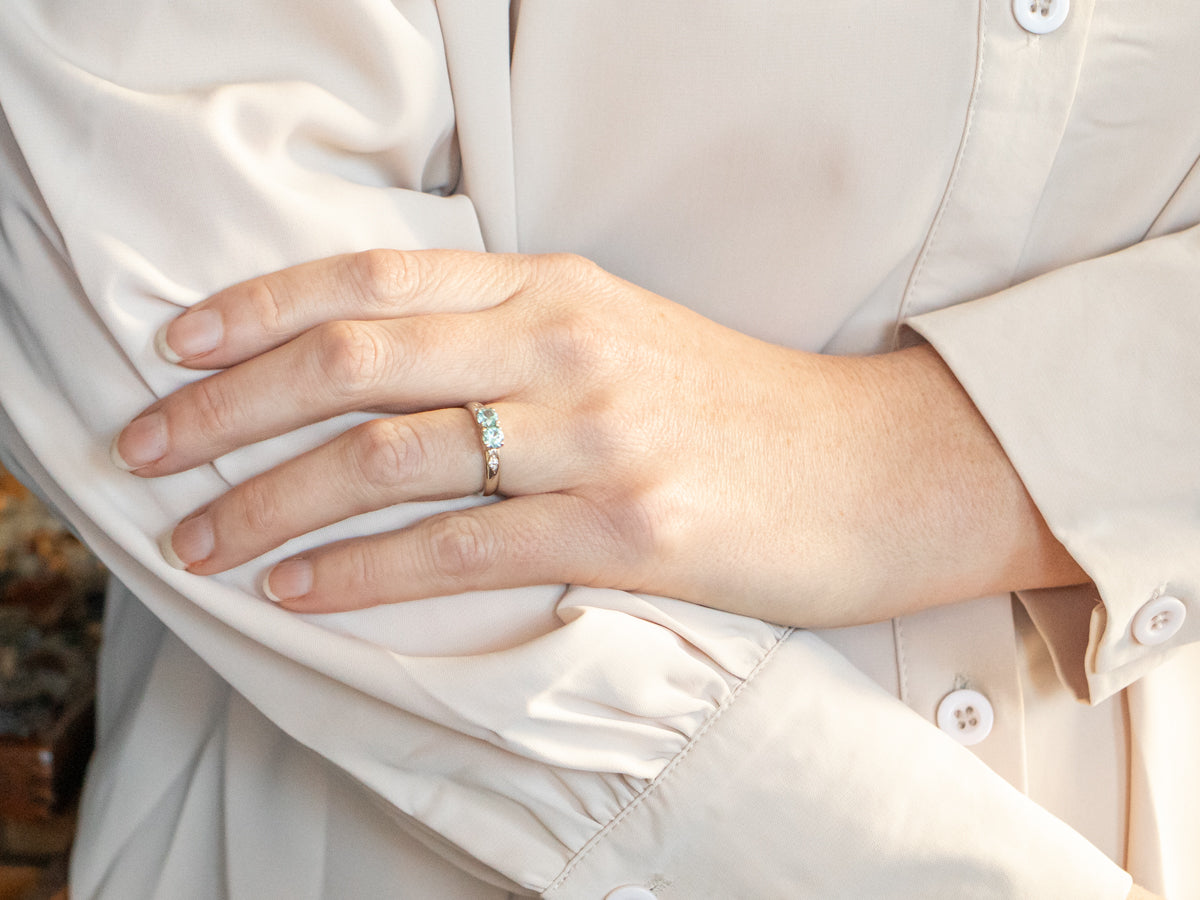 White Gold Blue Zircon Ring with Diamond Accents