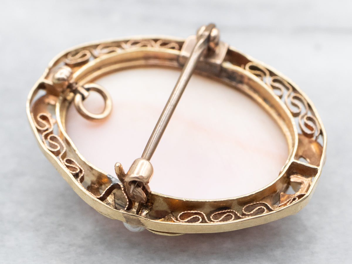 Antique Pink Shell Cameo Seed Pearl Brooch or Pendant