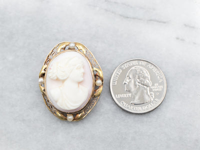 Antique Pink Shell Cameo Seed Pearl Brooch or Pendant
