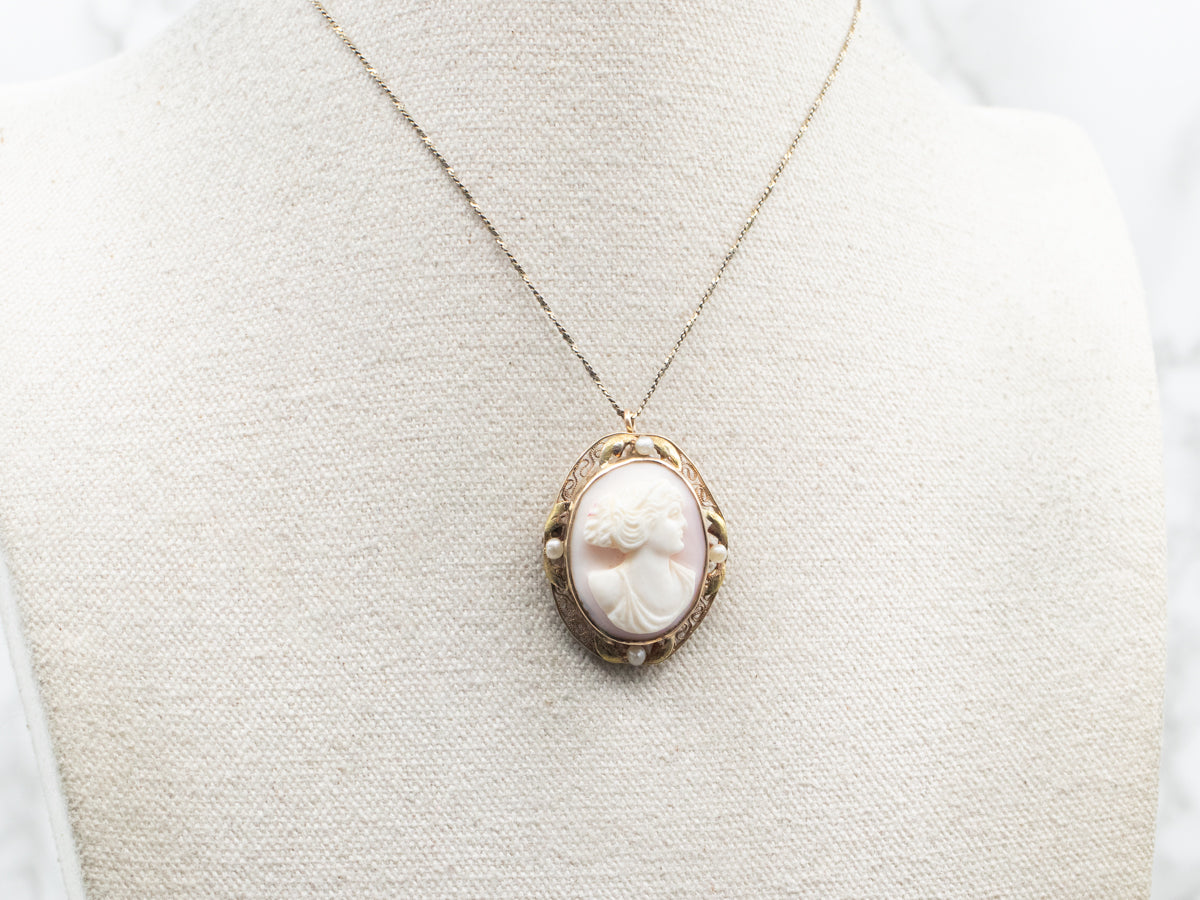 Antique Pink Shell Cameo Seed Pearl Brooch or Pendant