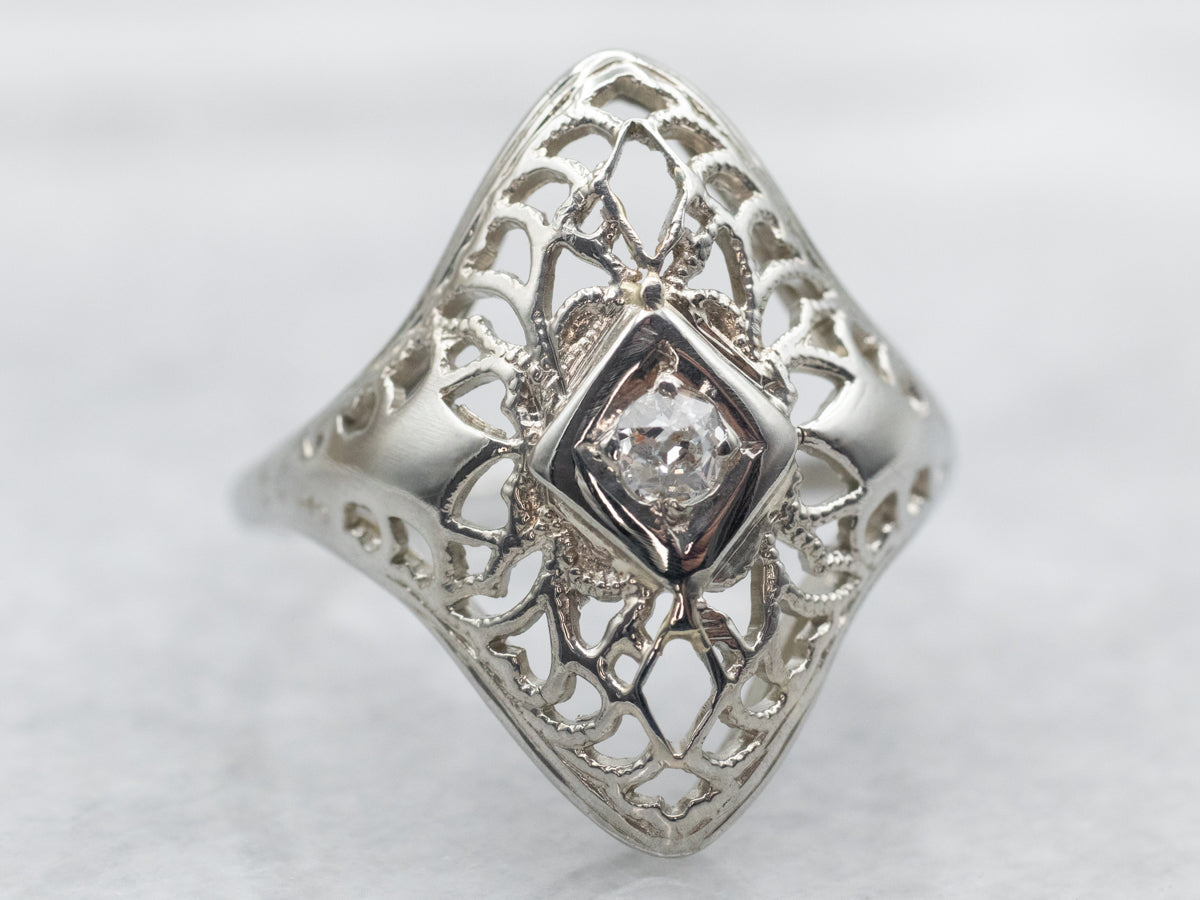 Art Deco Old Mine Cut Diamond Filigree Ring