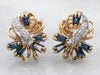 Two Tone Yellow and White Gold Baguette Cut Sapphire and Diamond Stud Earrings