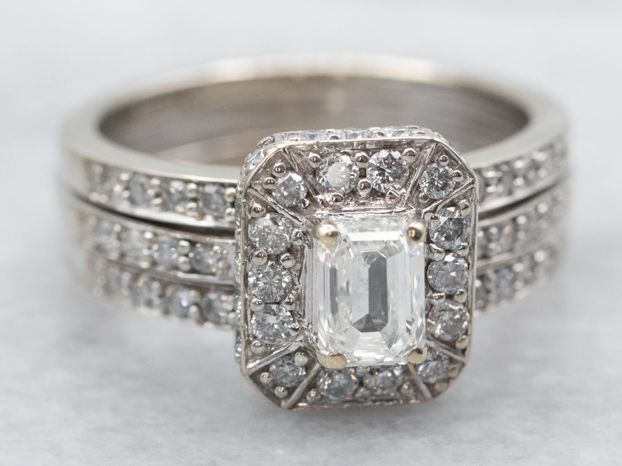 Modern Emerald Cut Diamond Triple Band Engagement Ring with Diamond Shoulders