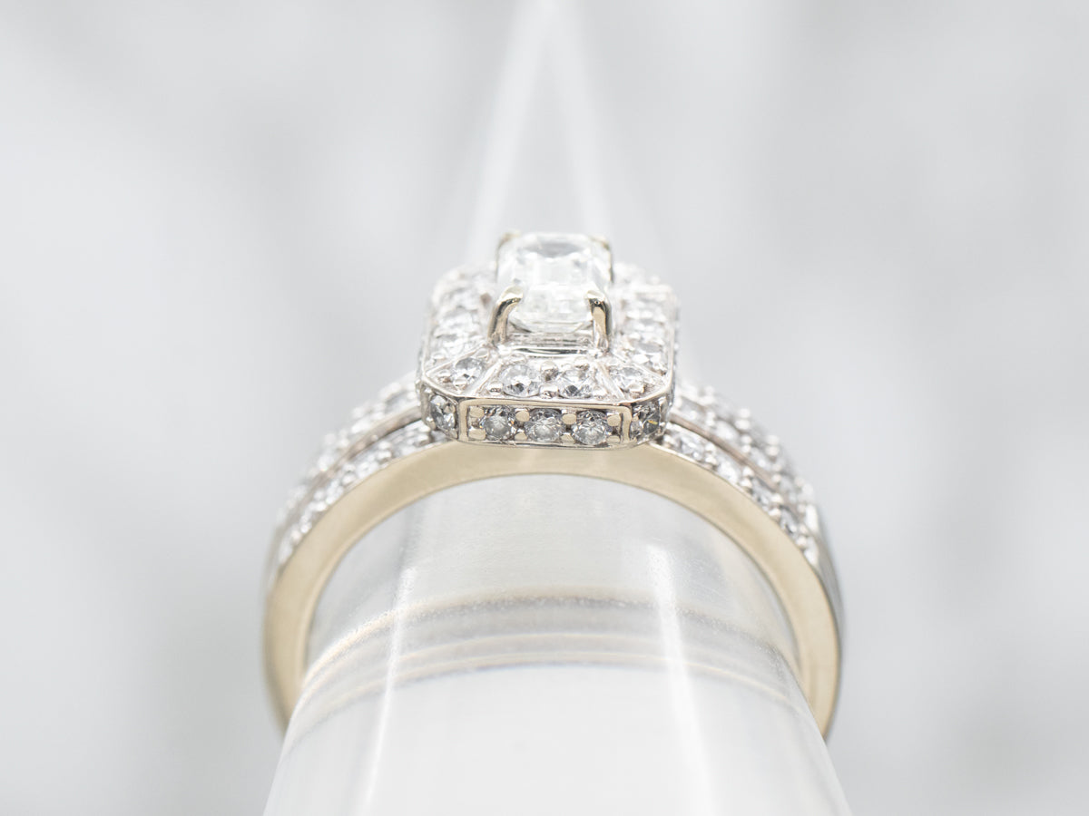 Modern Emerald Cut Diamond Triple Band Engagement Ring with Diamond Shoulders