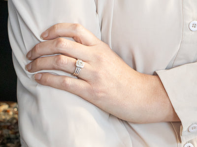 Modern Emerald Cut Diamond Triple Band Engagement Ring with Diamond Shoulders