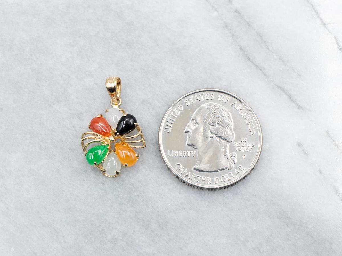 Yellow Gold Multi Colored Dyed Jade and Black Onyx Cluster Pendant