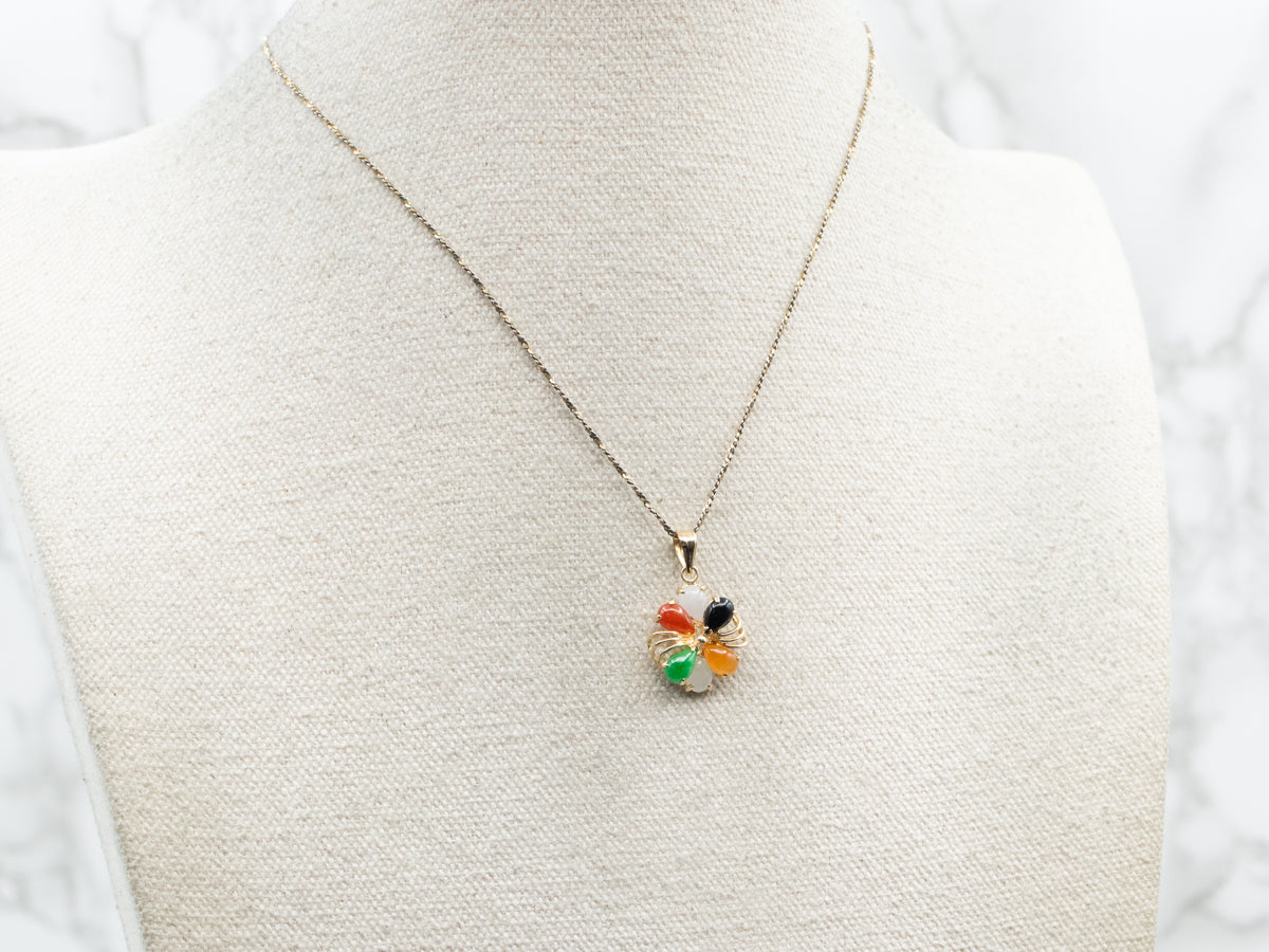 Yellow Gold Multi Colored Dyed Jade and Black Onyx Cluster Pendant