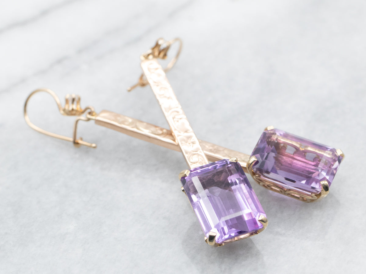 Two Tone Amethyst Bar Drop Earrings with Diamond Accents
