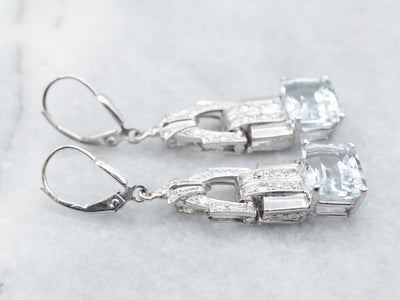 White Gold East to West Blue Topaz Drop Earrings with Diamond Accents