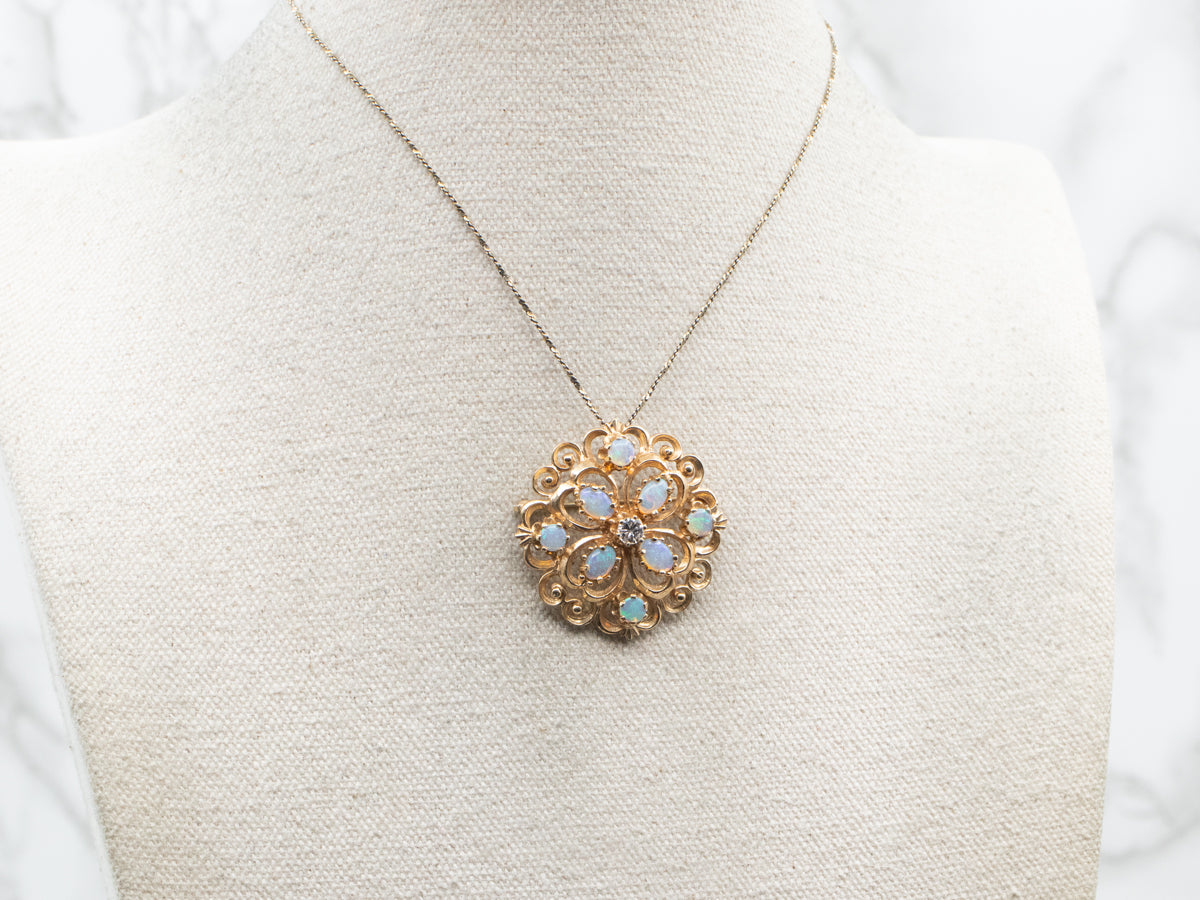 Yellow Gold Opal Cluster Brooch or Pendant with Diamond Accent