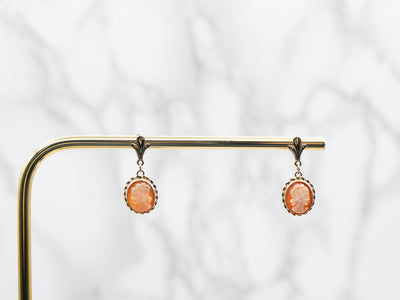 Yellow Gold Cameo Drop Earrings with Twisted Frame