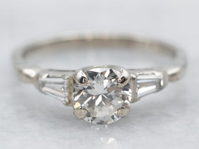 White Gold Diamond Engagement Ring with Baguette Cut Diamond Accents