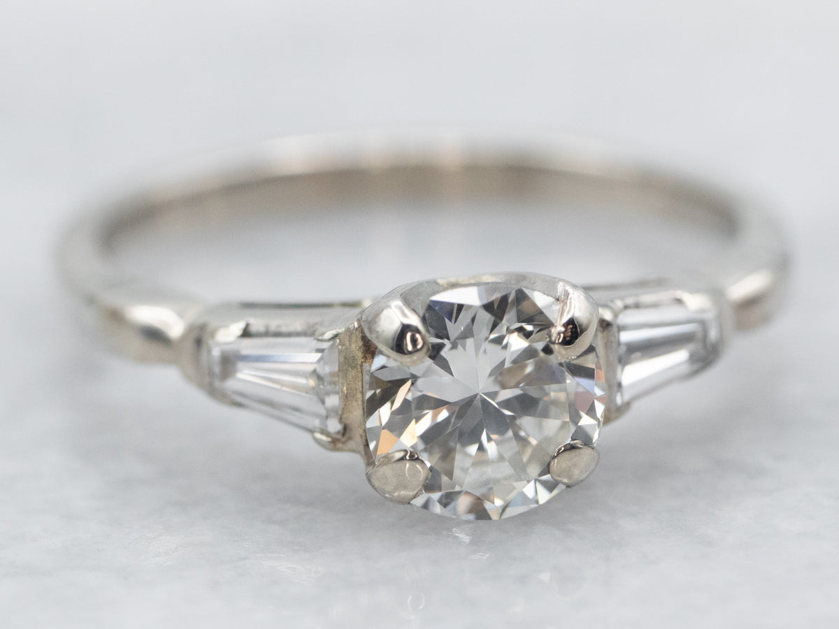 White Gold Diamond Engagement Ring with Baguette Cut Diamond Accents