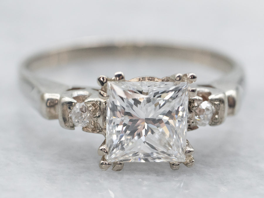 White Gold Princess Cut Diamond Engagement Ring with Old Mine Cut Diamond Accents