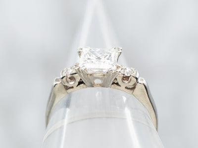 White Gold Princess Cut Diamond Engagement Ring with Old Mine Cut Diamond Accents