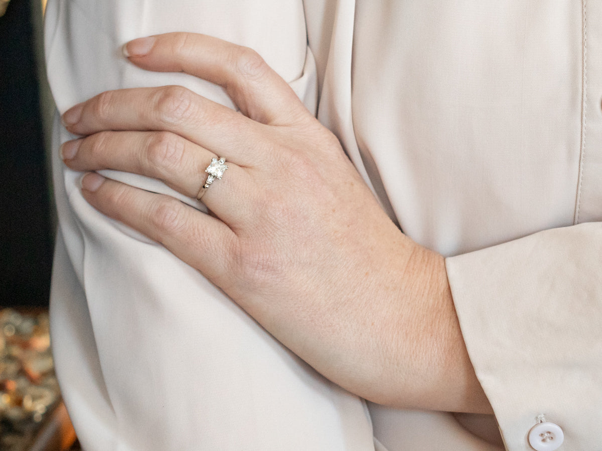 White Gold Princess Cut Diamond Engagement Ring with Old Mine Cut Diamond Accents