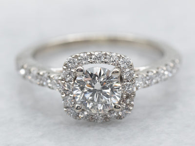 Modern Gold Diamond Engagement Ring with Diamond Halo and Diamond Shoulders