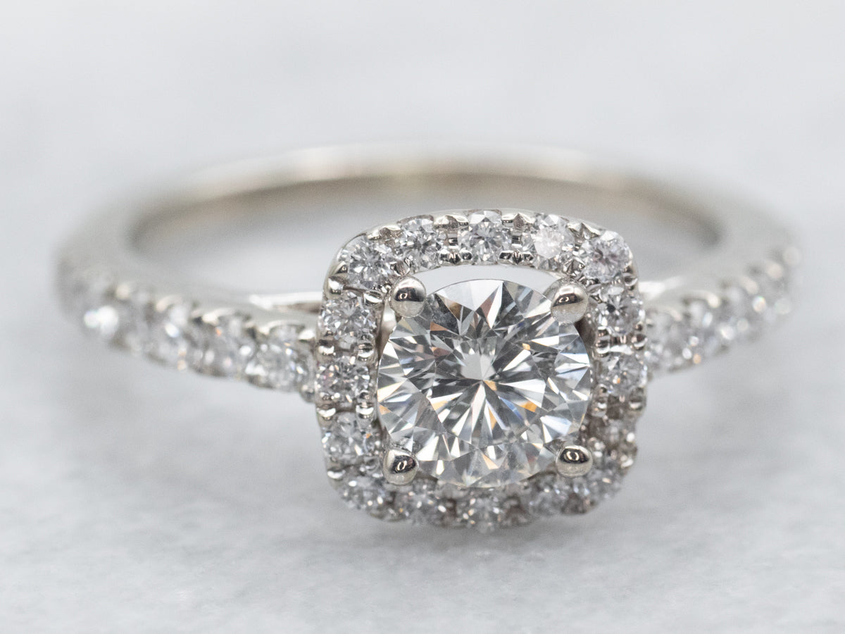 Modern Gold Diamond Engagement Ring with Diamond Halo and Diamond Shoulders