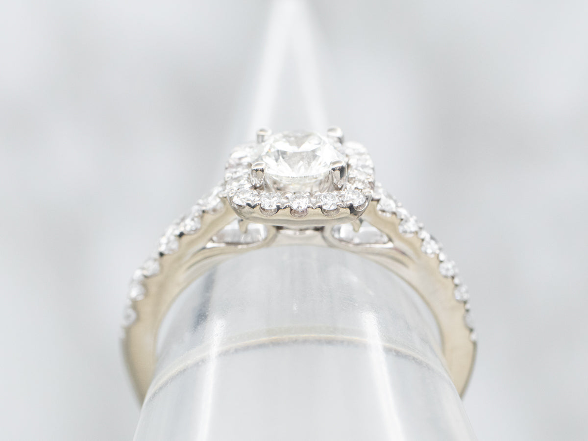 Modern Gold Diamond Engagement Ring with Diamond Halo and Diamond Shoulders