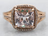 Rose Gold Square Cushion Cut Morganite Ring with Diamond Halo Diamond Shoulders and Emerald Accents