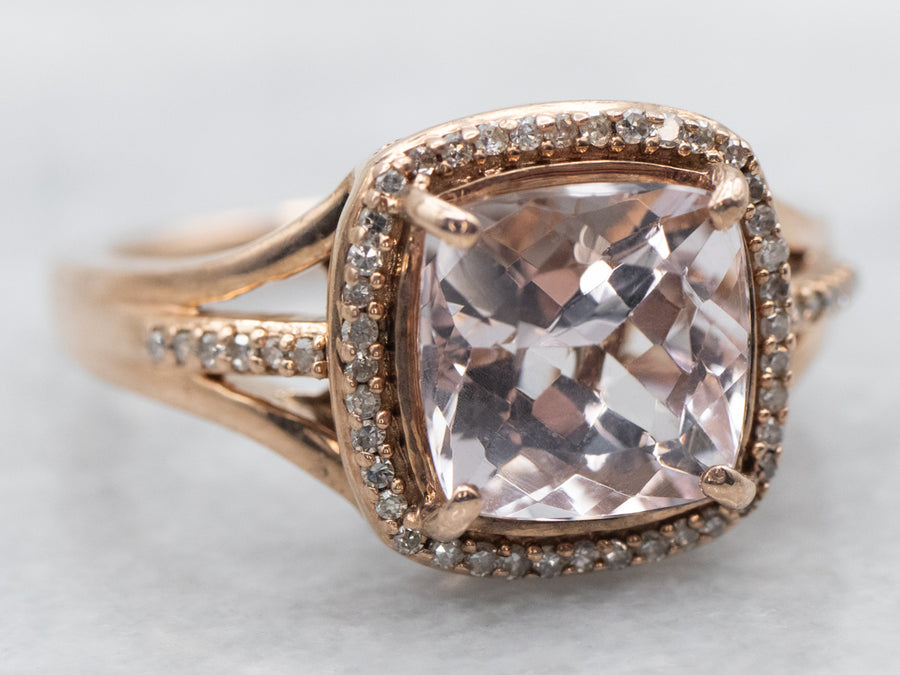 Rose Gold Square Cushion Cut Morganite Ring with Diamond Halo Diamond Shoulders and Emerald Accents