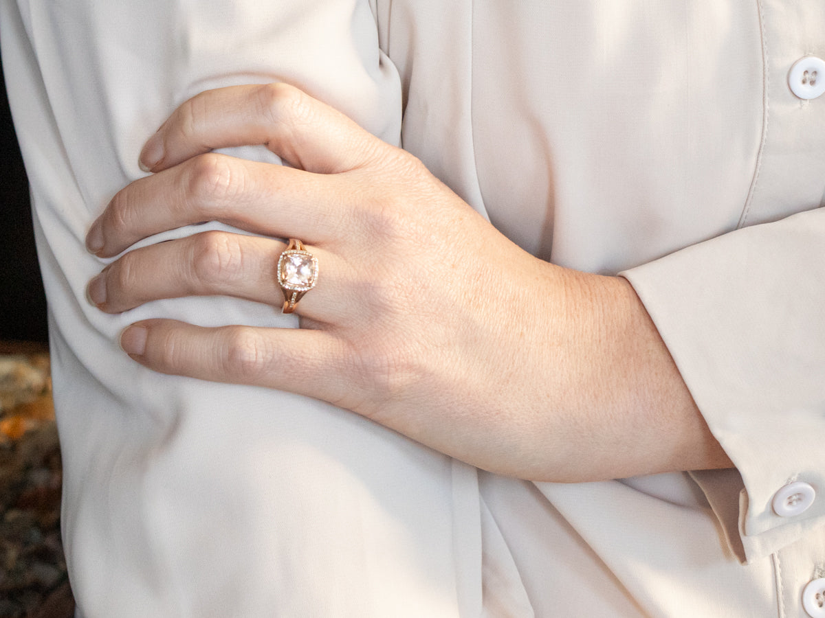 Rose Gold Cushion Cut Morganite Halo Ring