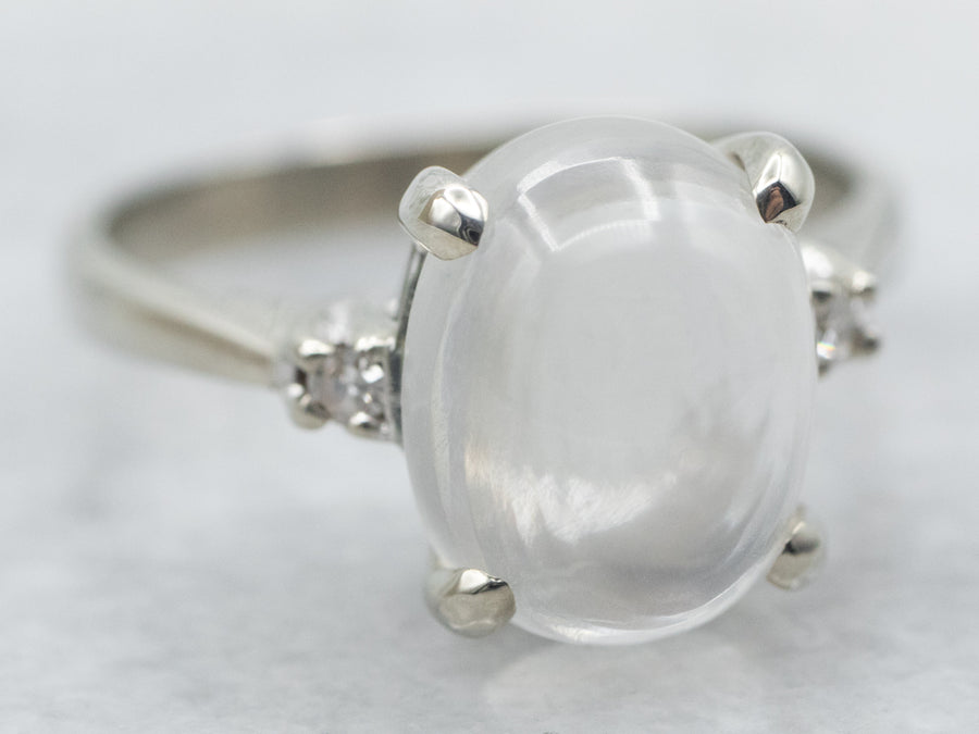 White Gold Oval Cut Moonstone Ring with Diamond Accents