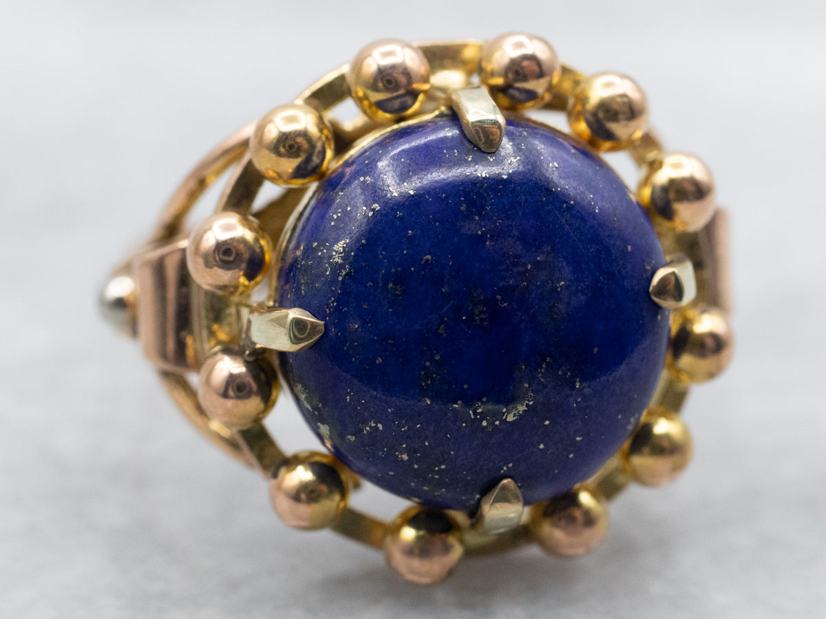 Yellow Gold Round Cut Lapis Solitaire Ring with Beaded Edge