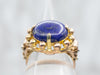 Yellow Gold Round Cut Lapis Solitaire Ring with Beaded Edge