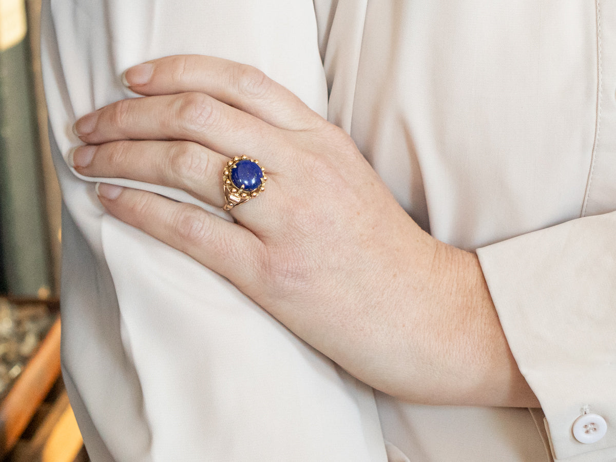 Yellow Gold Round Cut Lapis Solitaire Ring with Beaded Edge