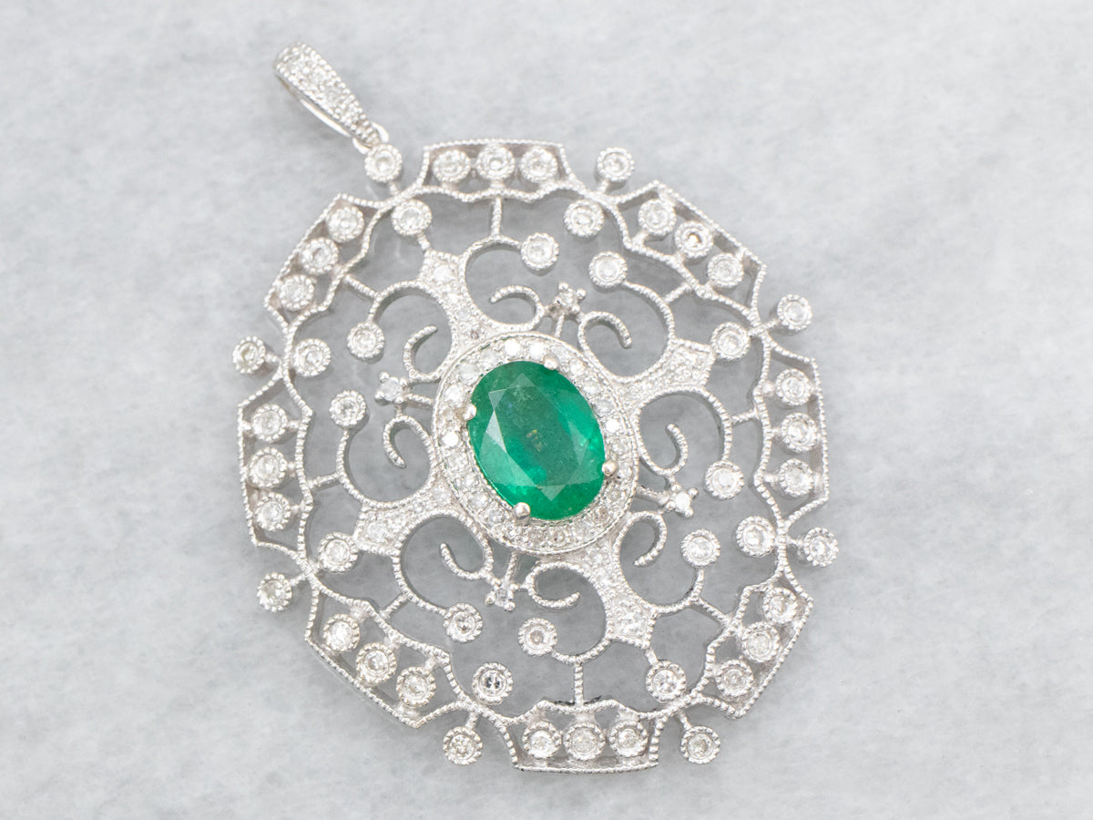 White Gold Emerald and Diamond Filigree Pendant