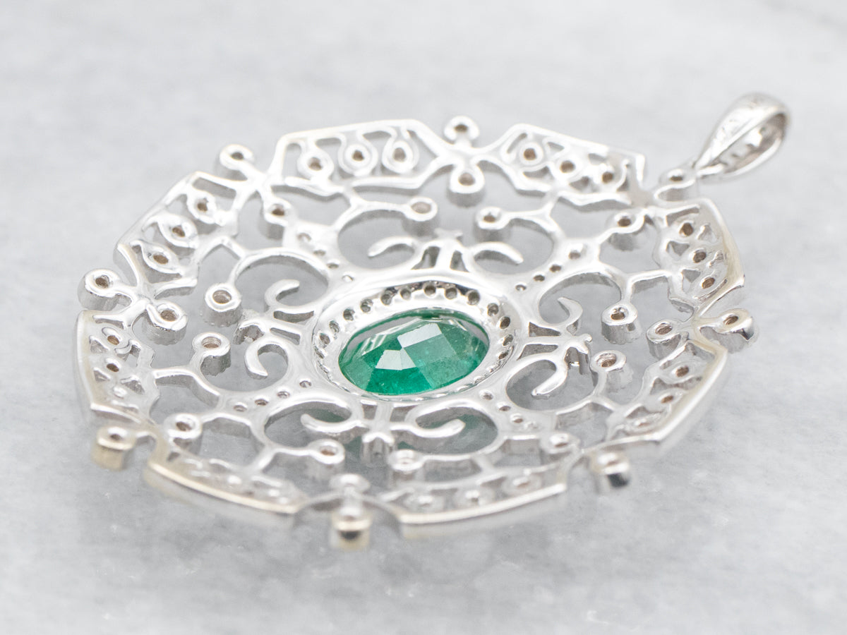 White Gold Emerald and Diamond Filigree Pendant