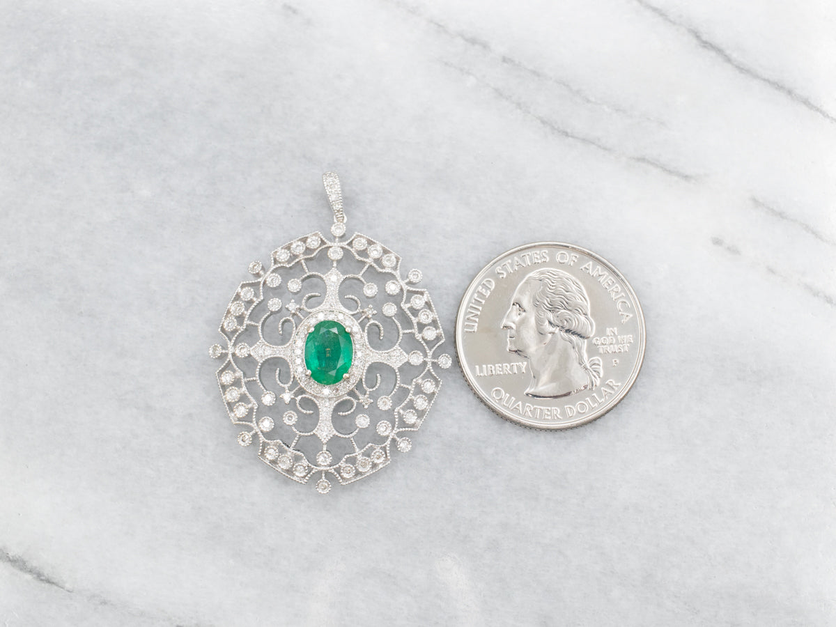 White Gold Emerald and Diamond Filigree Pendant