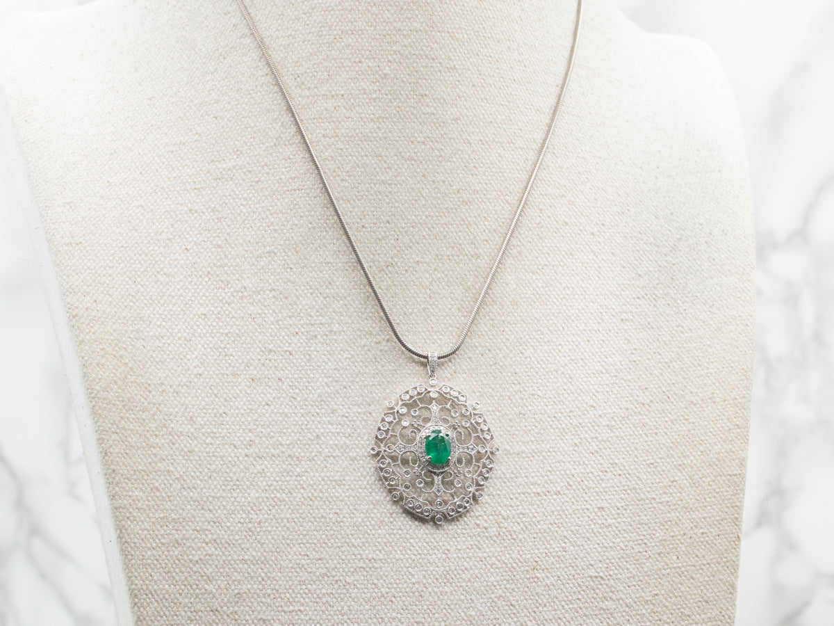 White Gold Emerald and Diamond Filigree Pendant