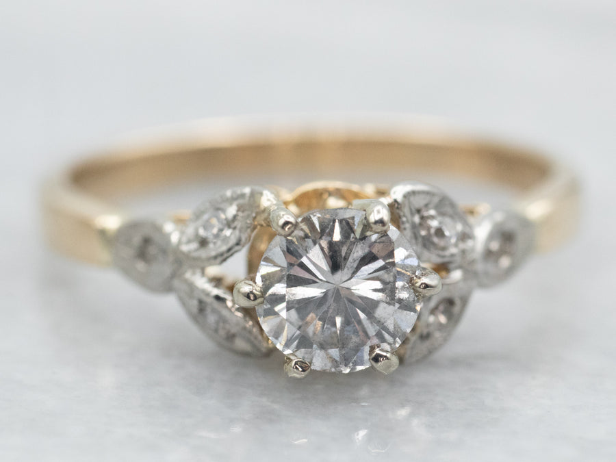 Vintage Brilliant Diamond Engagement Ring with Botanical Details