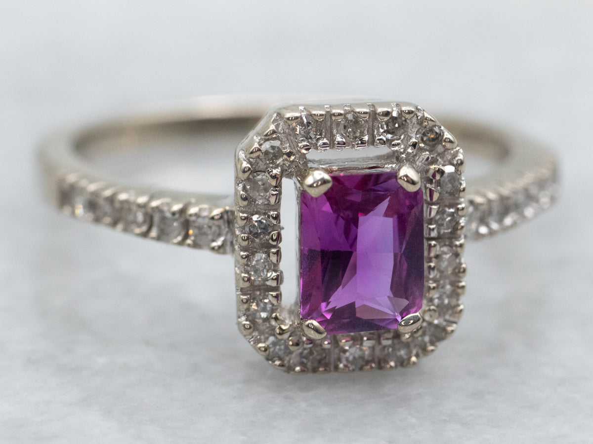 Modern Pink Sapphire Ring with Diamond Halo