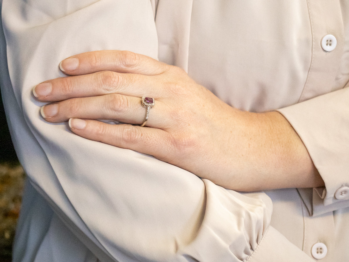 Modern Pink Sapphire Ring with Diamond Halo