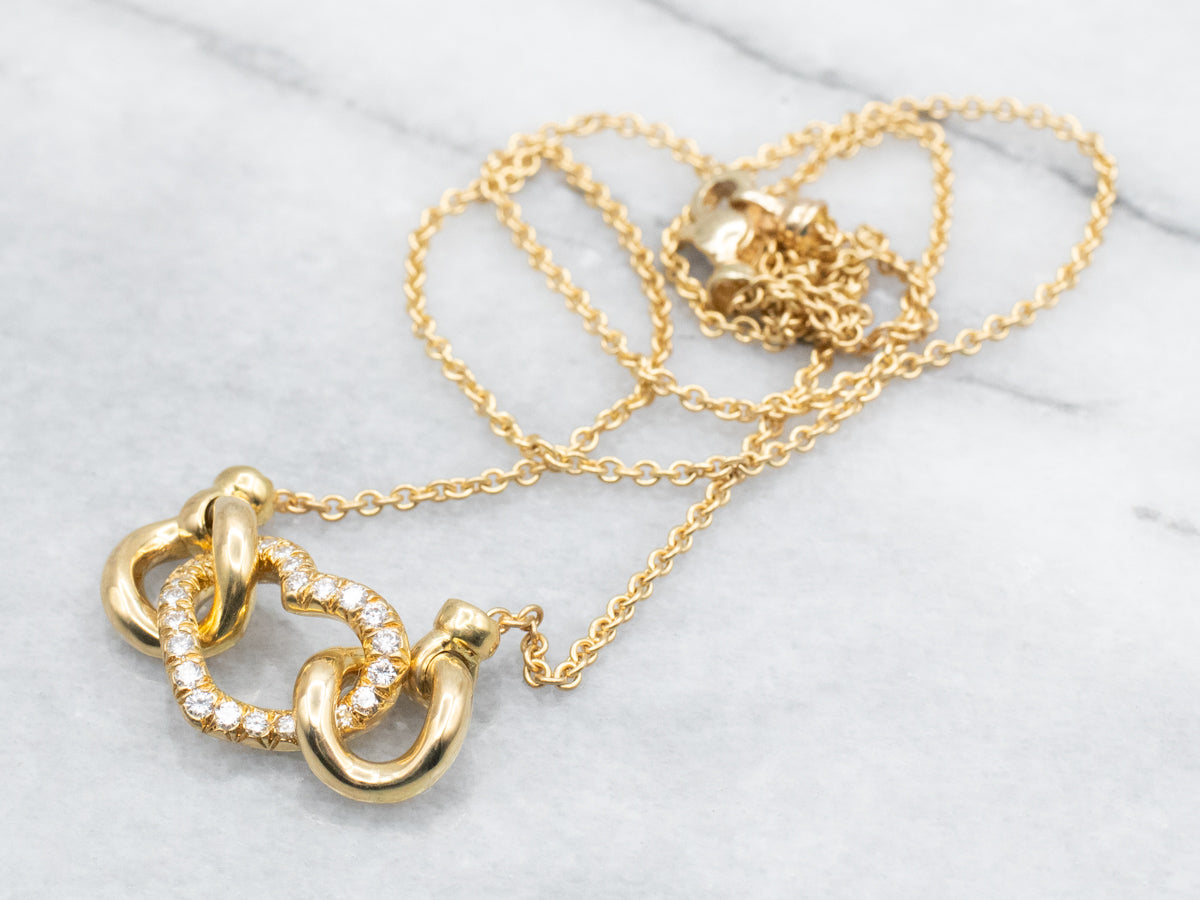 Modernist Gold Diamond Encrusted Heart Pendant Necklace